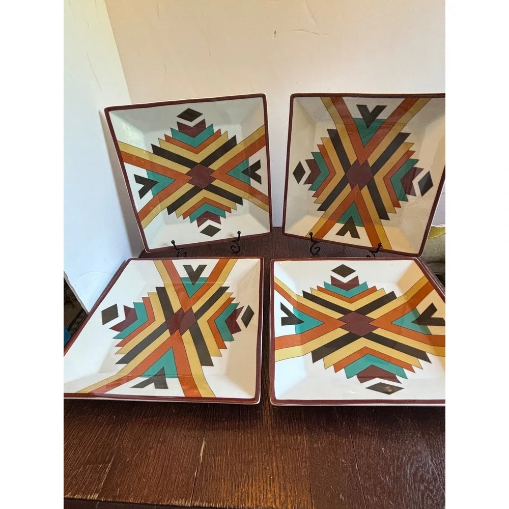 Mesa Southwest Square Dinner Plates Set of 4 Geometric Tribal Pattern 10.5 Inch
